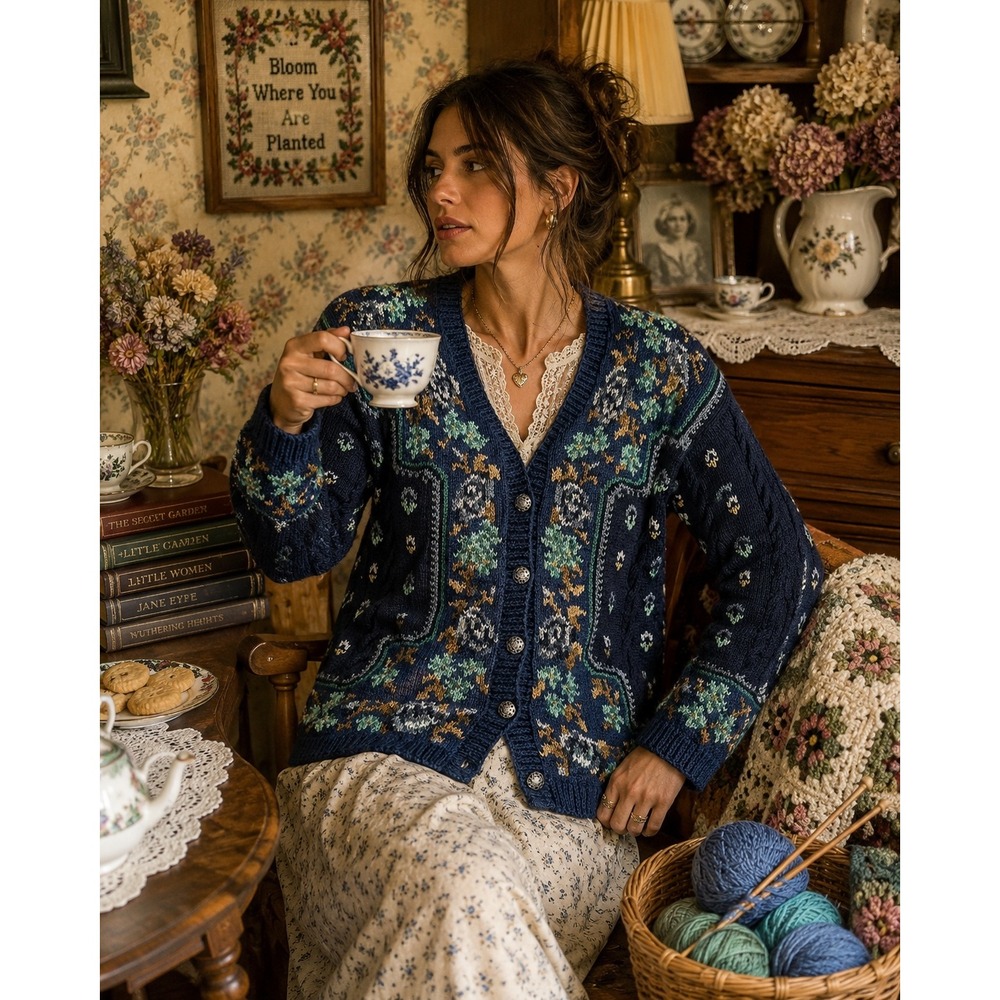 Croft & Barrow Vintage Hand Knit Floral Cable Knit Cardigan Sweater Navy PM